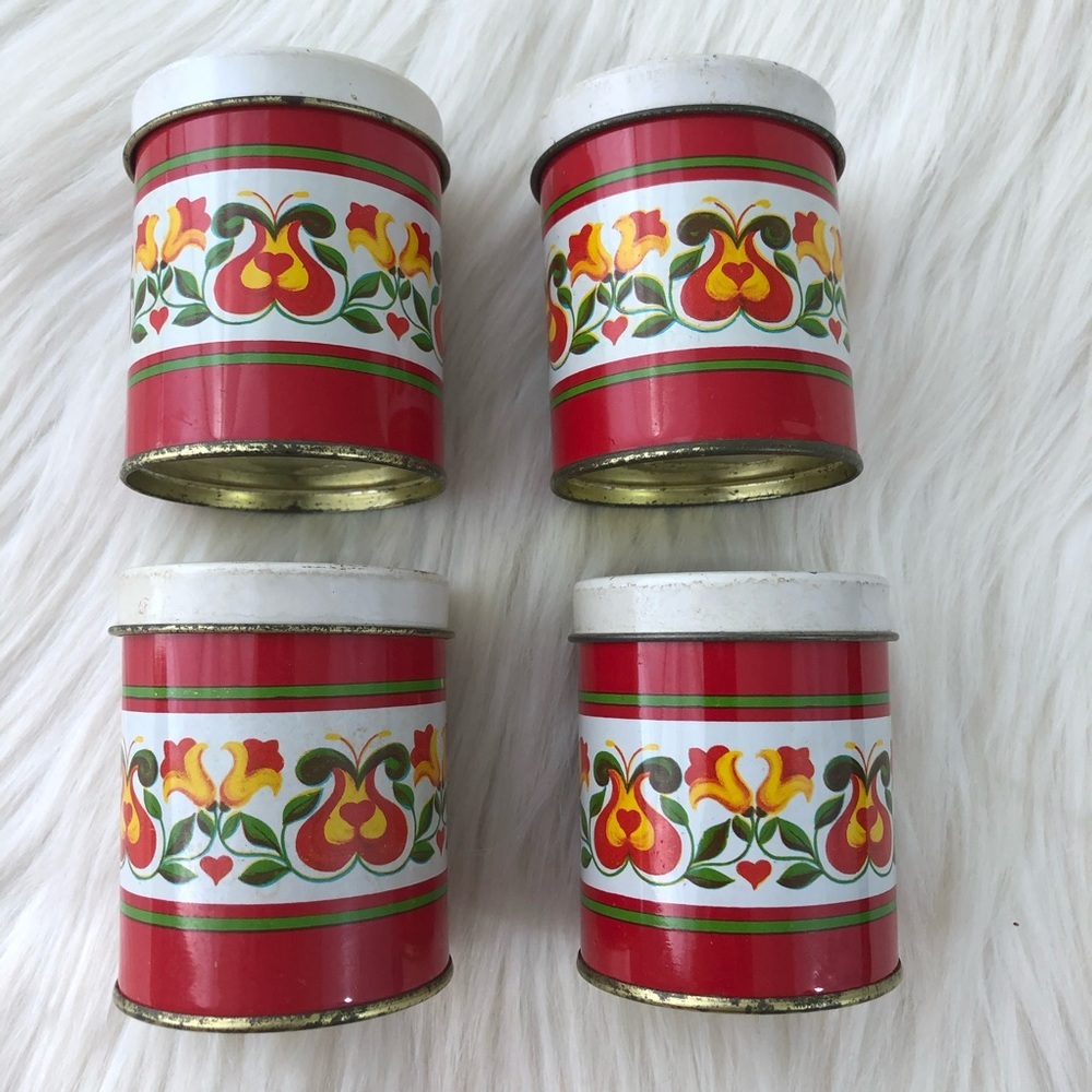 Vintage Metal 60's 70's Style Storage Containers Red Floral Pattern